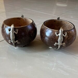 #2880 Silver Mounted Carved Coconut Shell Bowl Figural Lizards Late 20th Century
